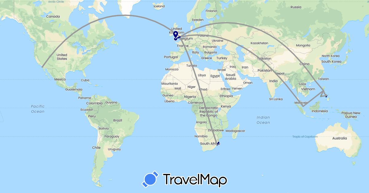 TravelMap itinerary: driving, bus, plane in China, United Kingdom, Philippines, Singapore, United States, South Africa (Africa, Asia, Europe, North America)
